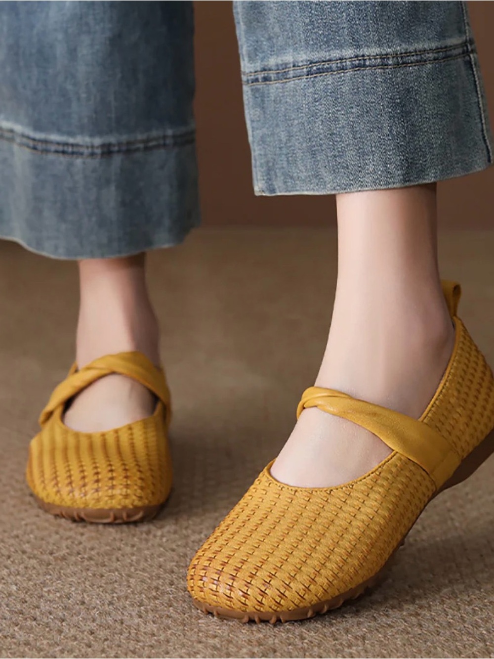 Woven Mary Jane Flats in Mustard Yellow